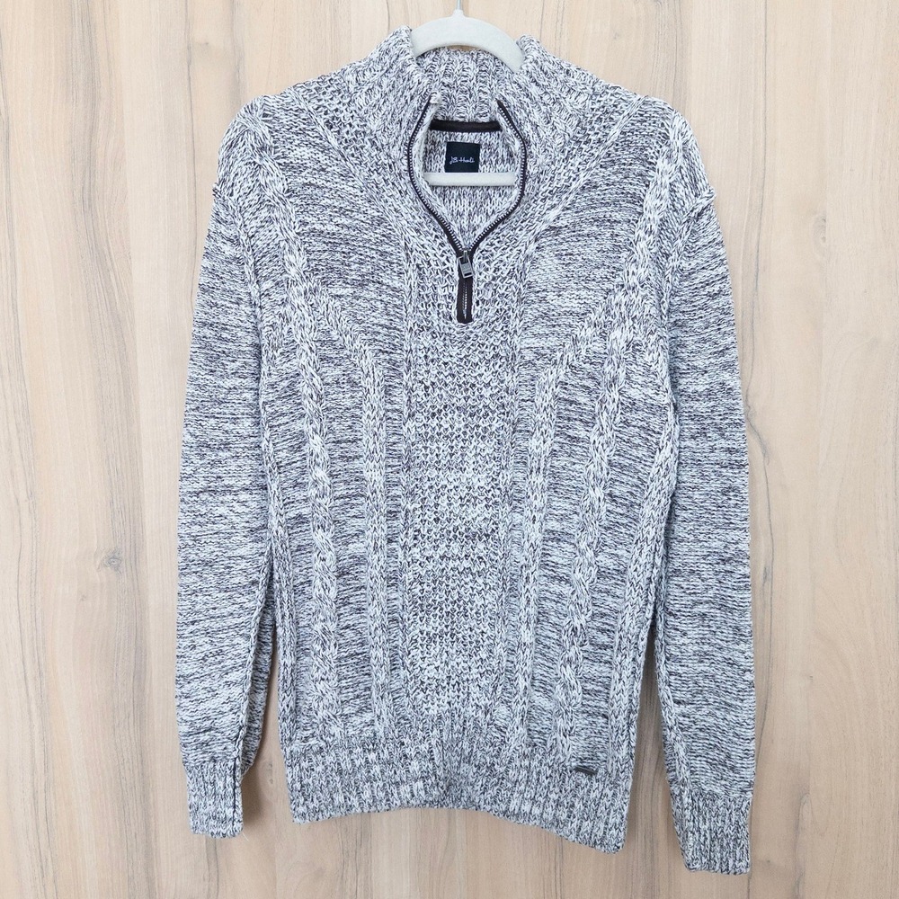 JB Holt Mens Cable Knit Sweater M Grey Quarter Zip Mock Neck Pullover Preppy
